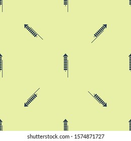 Blue Firework rocket icon isolated seamless pattern on yellow background. Concept of fun party. Explosive pyrotechnic symbol.  Vector Illustration