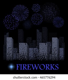 Blue firework show on night city landscape background. Vector illustration