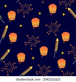 Blue Fireworks Background Decorated With Firecracker Rocket And Sky Lanterns.