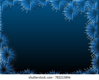 Blue fireworks on blue background, vector illustration. Night sky, blank for a postcard or banner