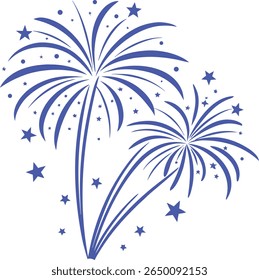 "Silhueta de fogos de artifício azuis com estrelas: celebração festiva ilustração gráfica de pirotecnia explodindo para férias, festa, festival e design de decoração de evento de ano novo"