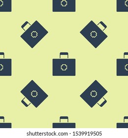 Blue First aid kit icon isolated seamless pattern on yellow background. Medical box with cross. Medical equipment for emergency. Healthcare concept.  Vector Illustration