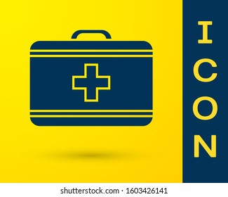 Blue First aid kit icon isolated on yellow background. Medical box with cross. Medical equipment for emergency. Healthcare concept.  Vector Illustration