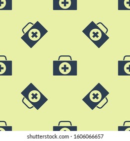 Blue First aid kit icon isolated seamless pattern on yellow background. Medical box with cross. Medical equipment for emergency. Healthcare concept.  Vector Illustration