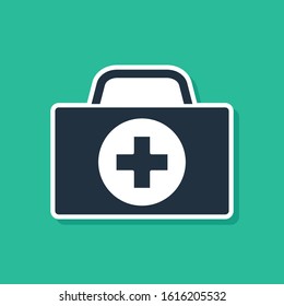 Blue First aid kit icon isolated on green background. Medical box with cross. Medical equipment for emergency. Healthcare concept.  Vector Illustration