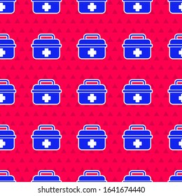 Blue First aid kit icon isolated seamless pattern on red background. Medical box with cross. Medical equipment for emergency. Healthcare concept.  Vector Illustration