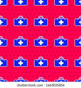 Blue First aid kit icon isolated seamless pattern on red background. Medical box with cross. Medical equipment for emergency. Healthcare concept.  Vector Illustration