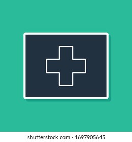 Blue First aid kit icon isolated on green background. Medical box with cross. Medical equipment for emergency. Healthcare concept.  Vector Illustration