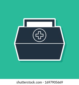 Blue First aid kit icon isolated on green background. Medical box with cross. Medical equipment for emergency. Healthcare concept.  Vector Illustration