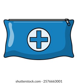 Blue first aid kit pouch vector illustration, mini first aid kit bag flat icon, portable outdoor first aid bag clip art, pocket emergency medicine bag clipart