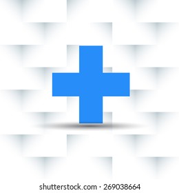Blue First Aid sign with shadow on pattern background. abstract Medical Plus Symbol on Blue background. White cross. Healthcare symbol. Abstract colored background.