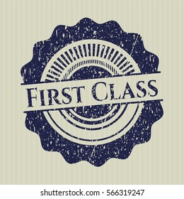 Blue First Class distressed rubber stamp with grunge texture