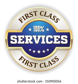 Blue first class services badge with gold border on white background