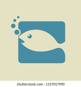 Blue fish application icon.Emblem style vector logo with marine animal and bubbles.
