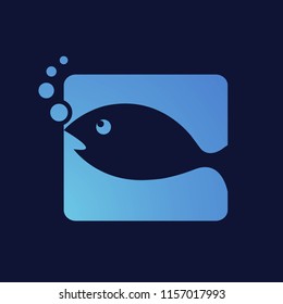 Blue fish application icon.Emblem style vector logo with marine animal and bubbles isolated on dark background.