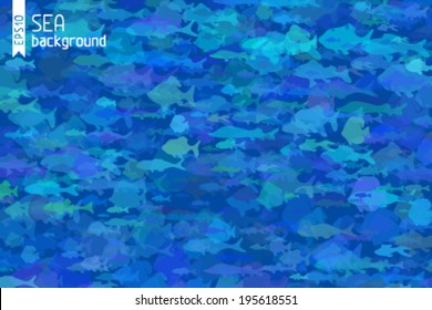 Blue fish background. Various fish in the sea. There is place for your text.