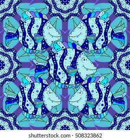 Blue fish background. Various fish in the sea. There is place for your text.