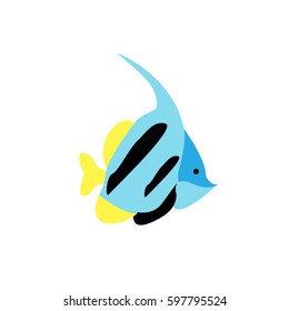 Blue fish with black stripes yellow tail and fins. Sea fish, isolated on white background. Vector illustration of a flat style