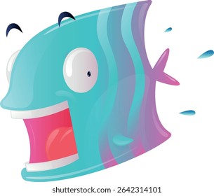 BLUE FISH CHARACTER AMAZED SIDE VIEW SWIMMING FAST