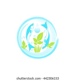 Blue fish in circle. Aquaponics System with Fish icon, logo, sign. Vector.