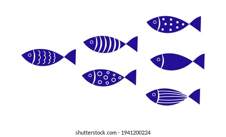 Blue fish colony. Collection of abstract fish. Sea life vector illustration.