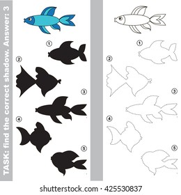 Blue fish with different shadows to find the correct one. Compare and connect object with it true shadow. Visual game for children.