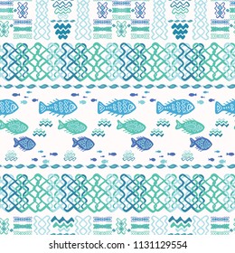 Blue Fish Doodle Collage, Seamless Animal Vector Pattern Background, Hand Drawn Illustration for Summer Scrapbooking, Gift Wrap, Kids Fashion Prints, Beach Apparel & Cute Stationery, White Turquoise