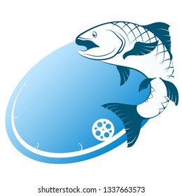 Blue fish and fishing rod with silhouette float