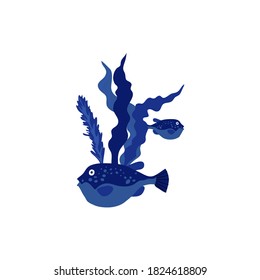 Blue Fish Floating Among Sea Weeds Vector Illustration. Sea Animal and Wild Underwater Fauna Concept