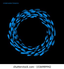 Blue fish flock form circle and moving inside ocean. Underwater ocean, marine life. Applicable as print template for tee, t shirt, apparel. Black isolated background Vector illustration