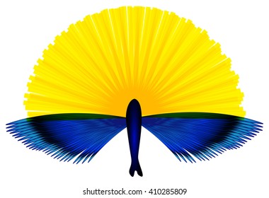 Blue fish flying against a backdrop of yellow sun. Vector