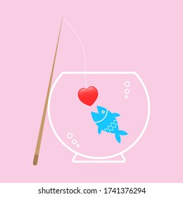 Blue fish in a glass jar is being fed with hearts on a pink background. Love concept.
