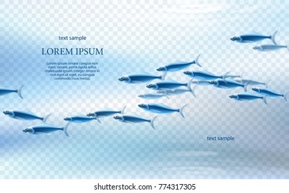 Blue fish group on light background with transparent effect in realistic style. 3D vector concept illustration. Template with underwater clean scenery for your design