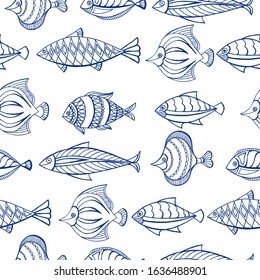 Blue fish. Hand drawing seamless pattern vector drawing.