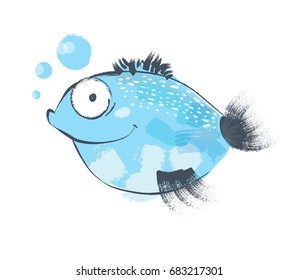 Blue fish. Hand drawn. Funny. Isolated art on white background. Vector. Cartoon. Flat