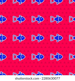 Blue Fish icon isolated seamless pattern on red background.  Vector