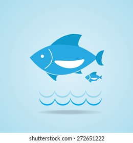 blue fish icon on blue background, vector EPS 10.