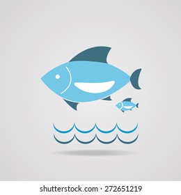 blue fish icon on grey background, vector EPS 10.