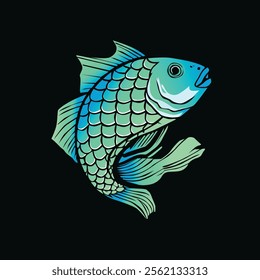 Blue Fish Illustration with Detailed Scales and Radiant Glow