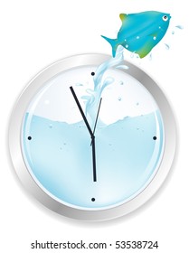 Blue Fish Jumping From Wall Clock, Isolated On White
