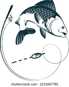 The blue fish jumps on the wave. Fishing rod with hook and float. Symbol for fishing and outdoor activities