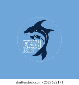 blue fish logo in circle. with white lines 