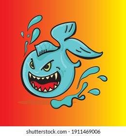 Blue Fish Monster on gradient orange color. angry fish illustration