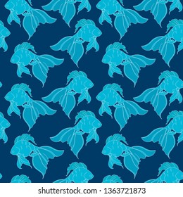 blue fish on a deep blue background, seamless vector pattern. Drawing for printing, wrapping paper, fabric, wallpaper.
