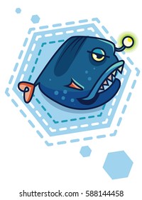 Blue fish on a geometric background. cartoon sea devil