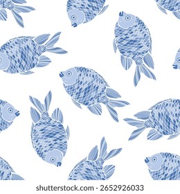 Blue fish on white. Stylish seamless pattern on marine theme. Perfect for design templates, wallpaper, wrapping, fabric, print and textile. 