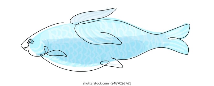 Pescado azul con una línea de Imagen de contorno aislado sobre fondo blanco. Color del Vector del hábitat silvestre subacuático e ilustración lineal