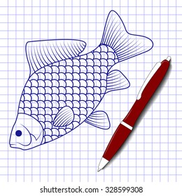 blue fish painted pen on notebook sheet