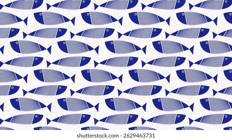 Blue fish pattern printmaking art for fabric patterns and other designs. Ink texture style.