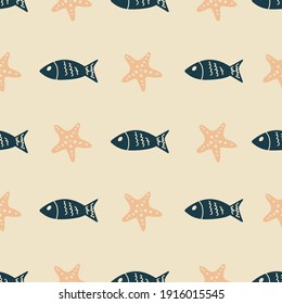 Blue fish and peach starfish seamless repeat pattern. Vector